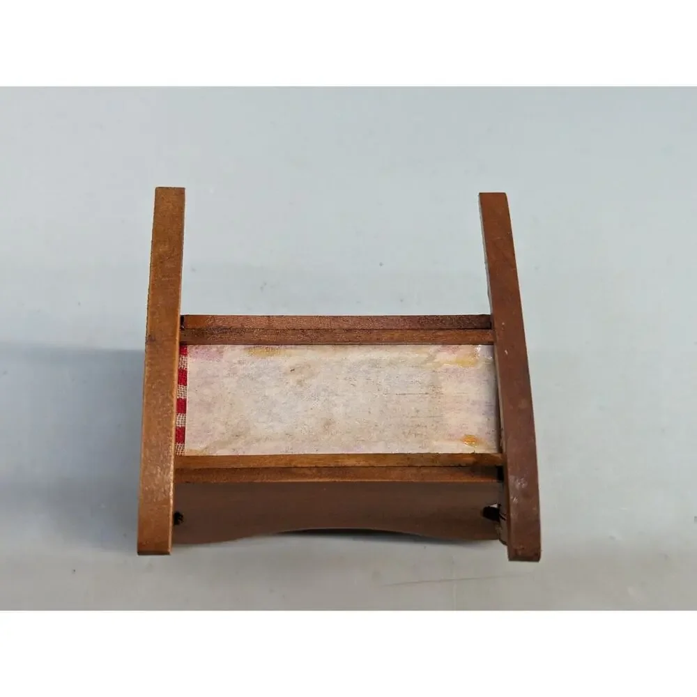 Wooden Rocking Cradle Red White Cushion Dollhouse Miniature Vintage